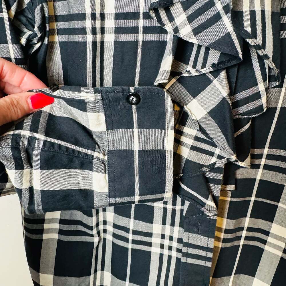 RALPH LAUREN Black and White Plaid Cotton Ruffle Front Button-Up Blouse Size M - Picture 8 of 8